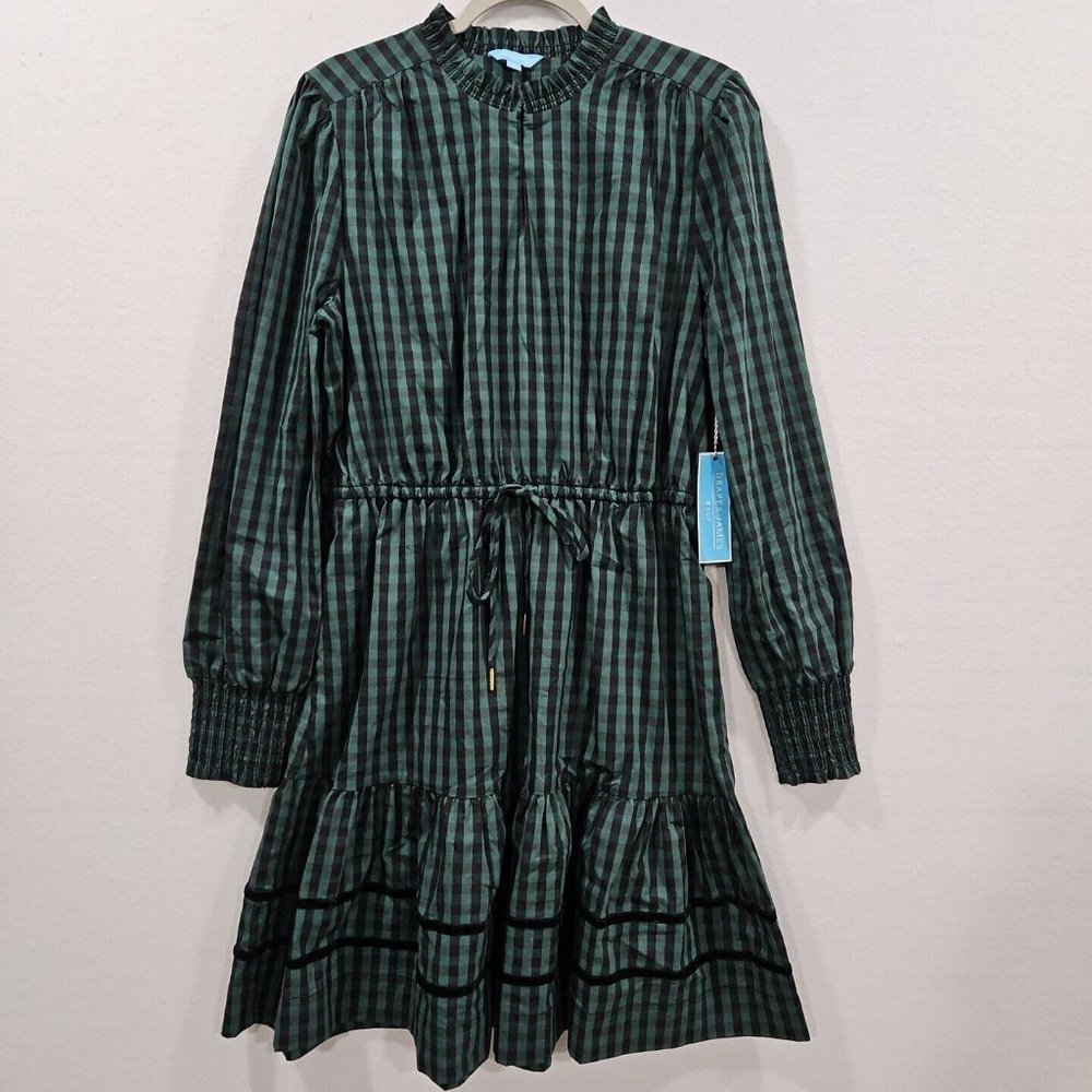 Draper James RSVP Womens Large‎ Long Sleeve Green Black Plaid Tiered Dress